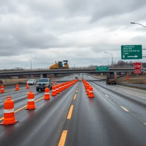 I-94 lane closures and bridge repair crews with construction equipment and detour signs