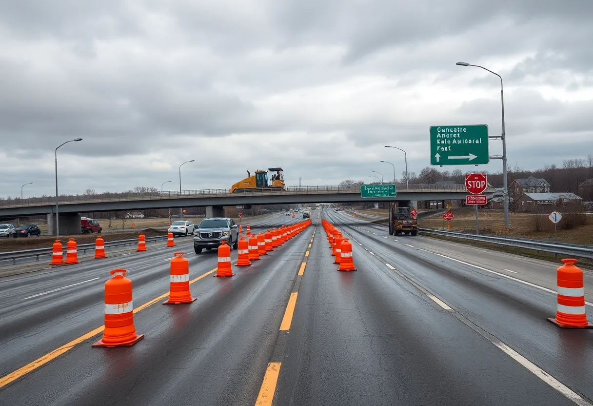 I-94 lane closures and bridge repair crews with construction equipment and detour signs