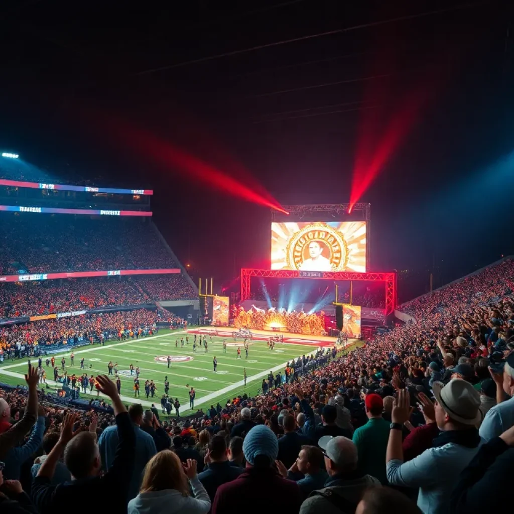 Crowd enjoying a Thanksgiving halftime show at Ford Field