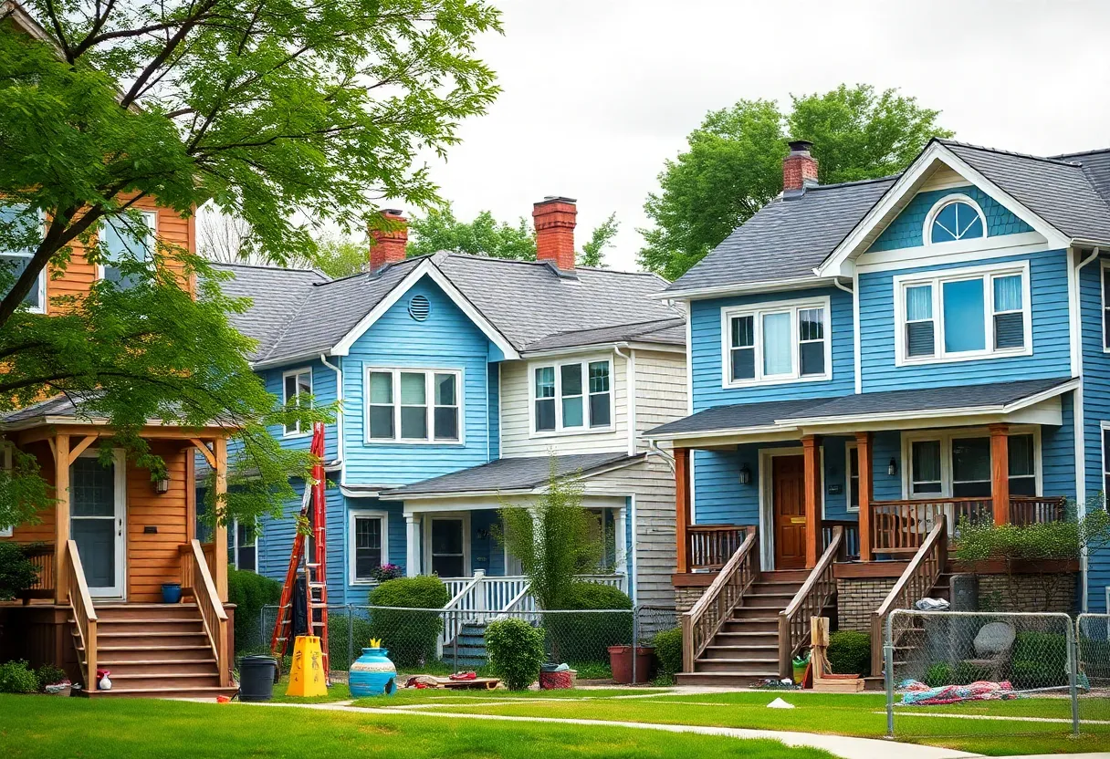 Houses in Detroit undergoing renovations with construction work visible
