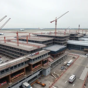 Aerial view of Detroit Metropolitan Wayne County Airport under construction with cranes and scaffolding