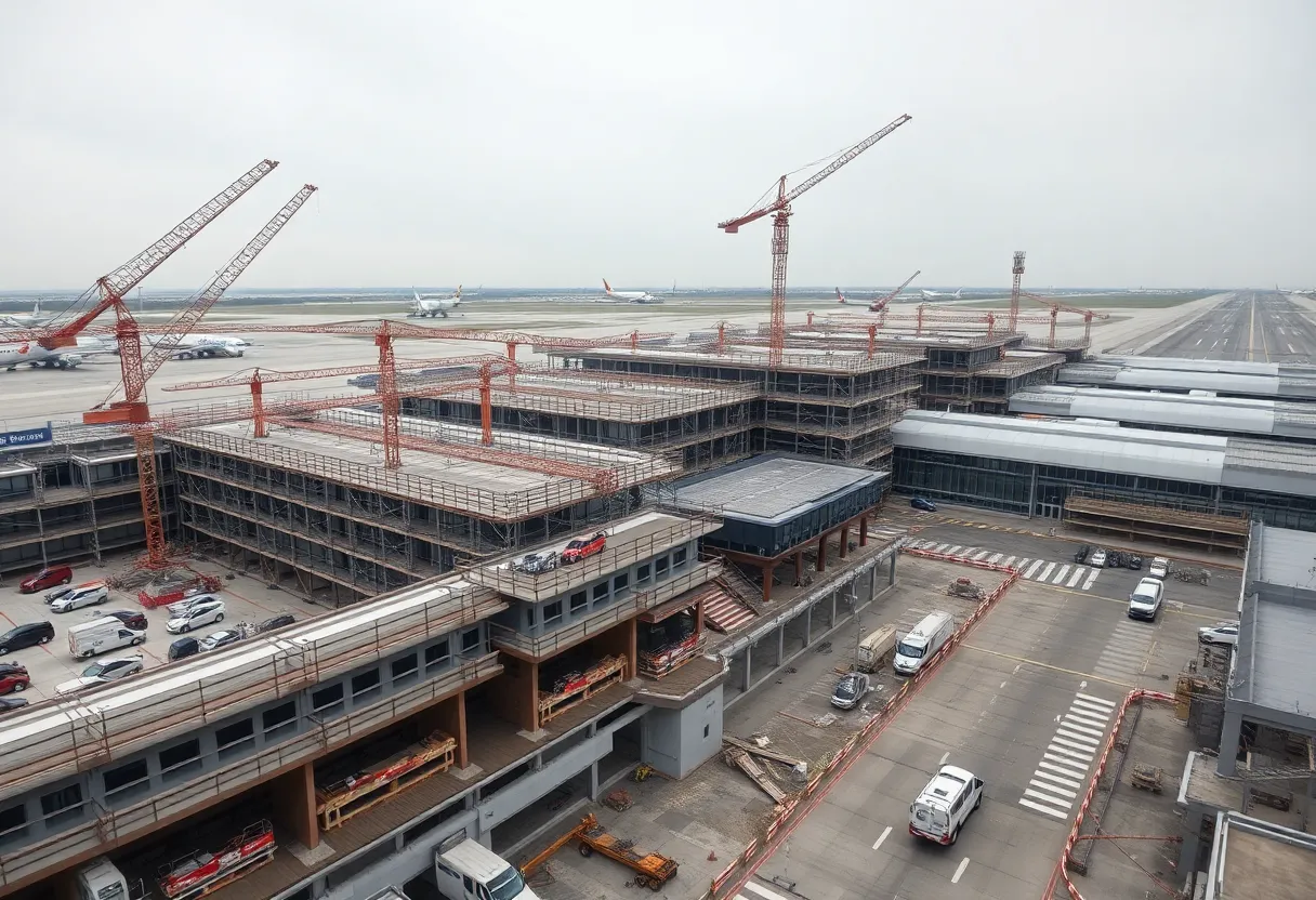 Aerial view of Detroit Metropolitan Wayne County Airport under construction with cranes and scaffolding