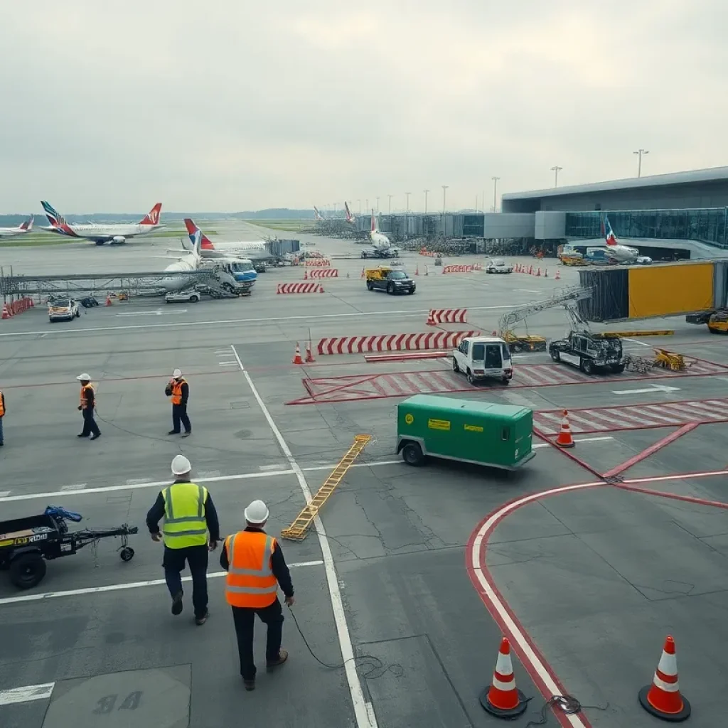 Construction crews and equipment near airport terminal and runway at DTW with reduced gate activity