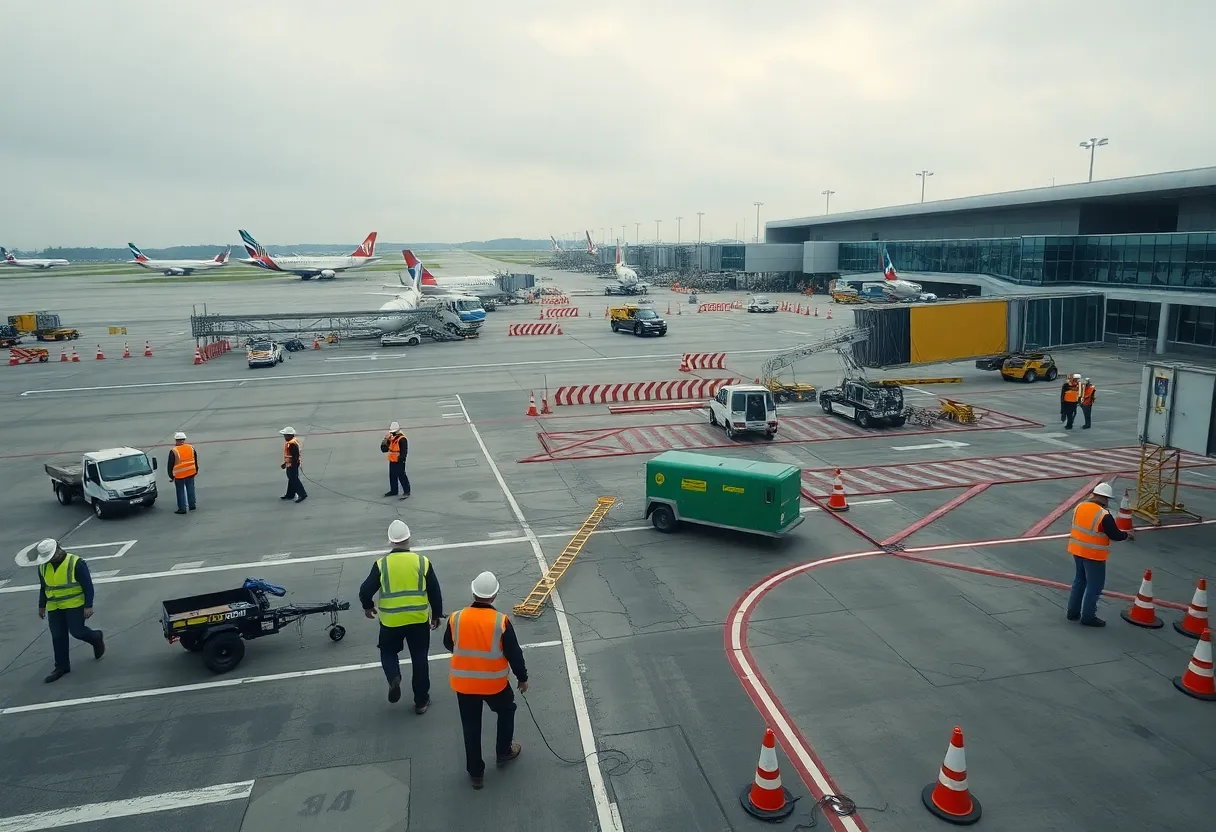Construction crews and equipment near airport terminal and runway at DTW with reduced gate activity