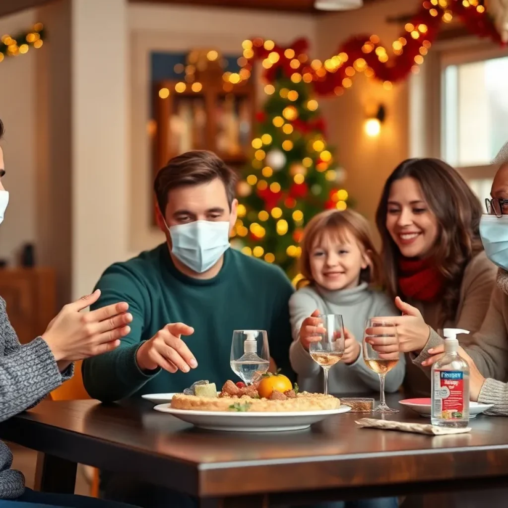 A family practicing preventive health measures during a holiday celebration.