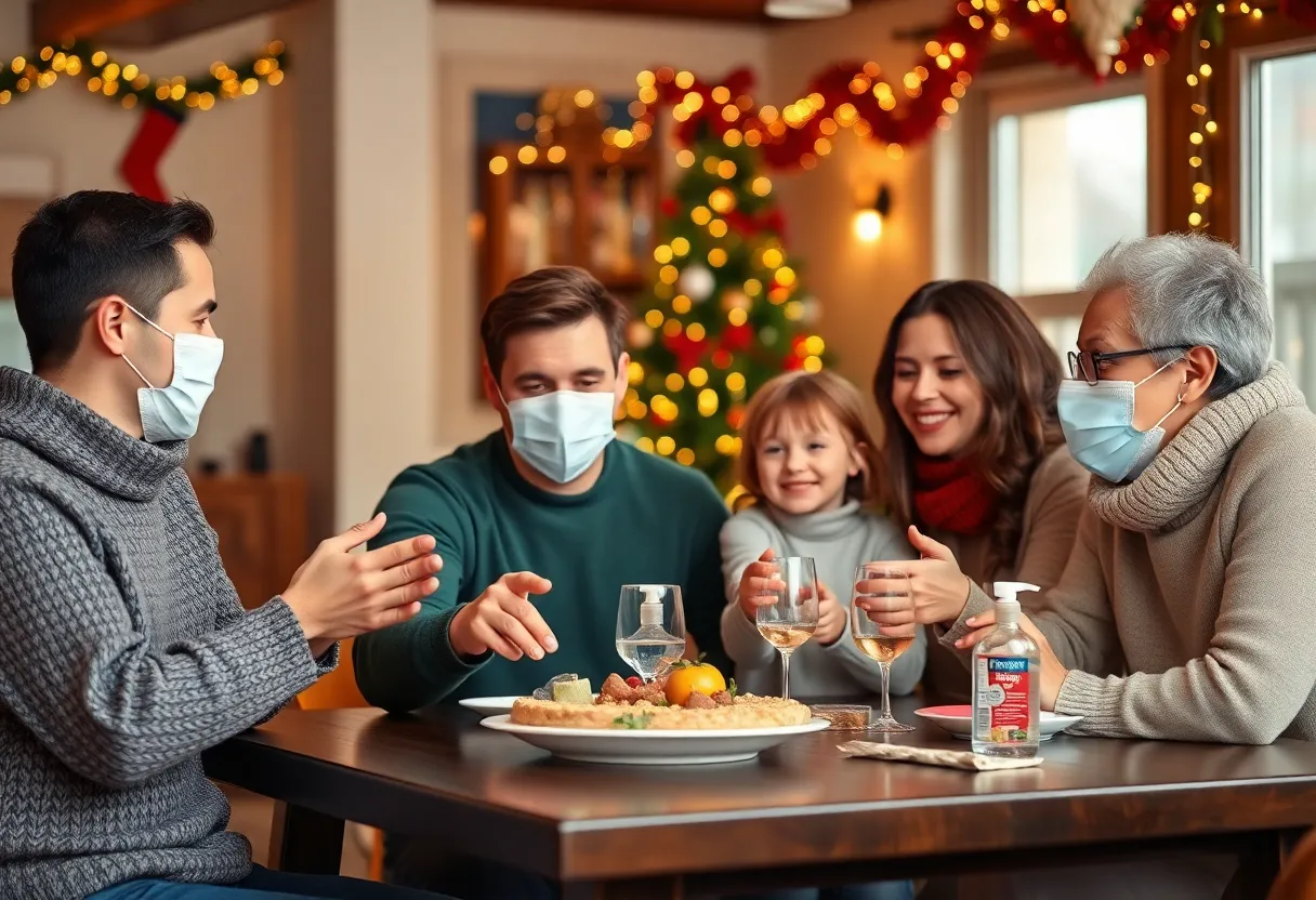 A family practicing preventive health measures during a holiday celebration.