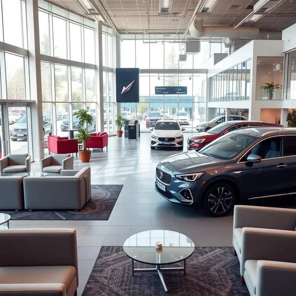 Interior of a contemporary Ford dealership featuring open spaces and cozy lounges