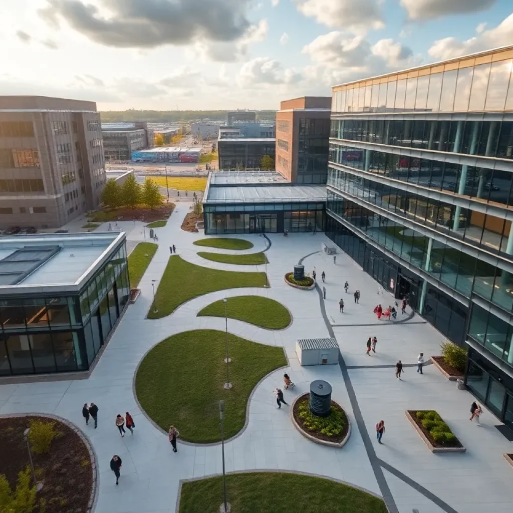 Aerial view of a modern Dearborn corporate headquarters campus with glass buildings and landscaped plazas