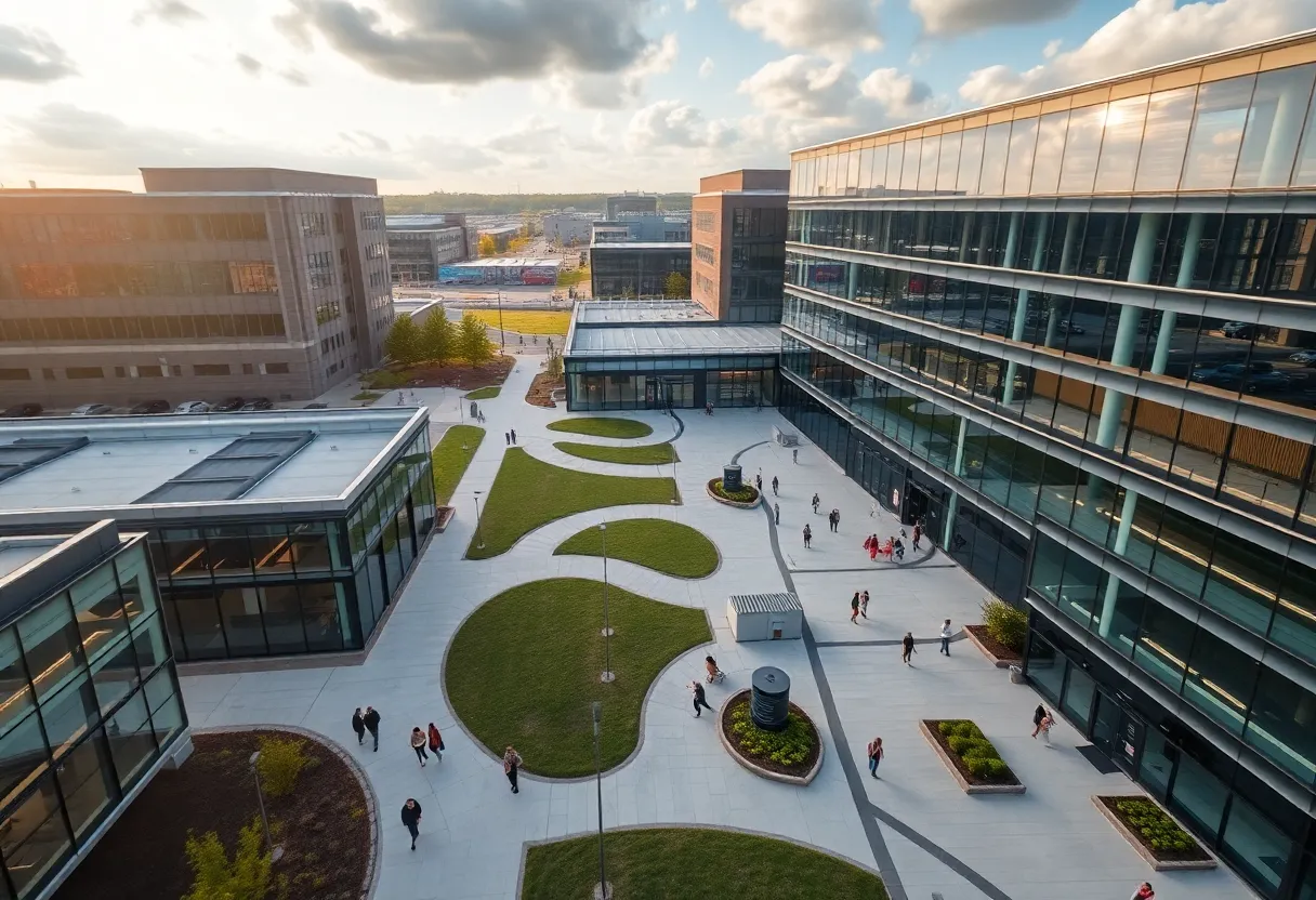 Aerial view of a modern Dearborn corporate headquarters campus with glass buildings and landscaped plazas