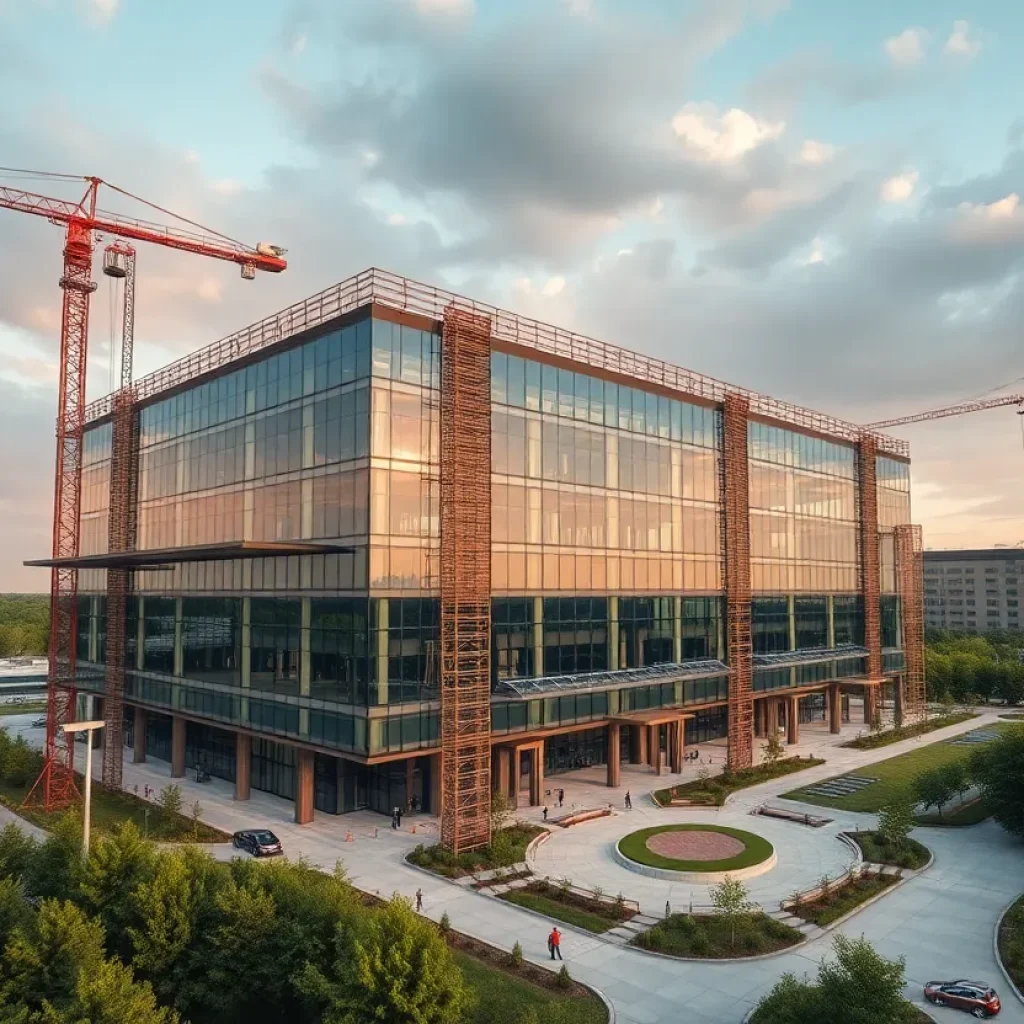 Glass-and-steel corporate headquarters under construction with cranes, solar panels and green landscaping representing Ford's new Dearborn campus
