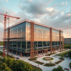 Glass-and-steel corporate headquarters under construction with cranes, solar panels and green landscaping representing Ford's new Dearborn campus