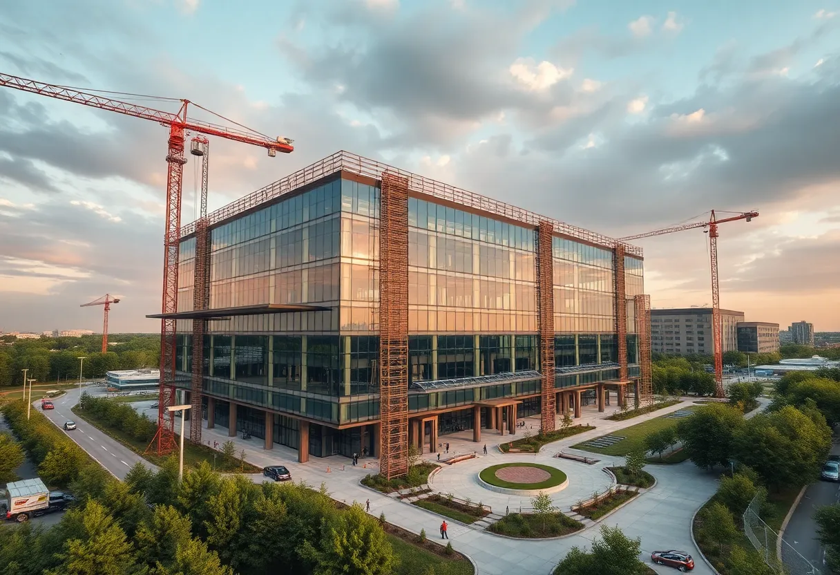 Glass-and-steel corporate headquarters under construction with cranes, solar panels and green landscaping representing Ford's new Dearborn campus