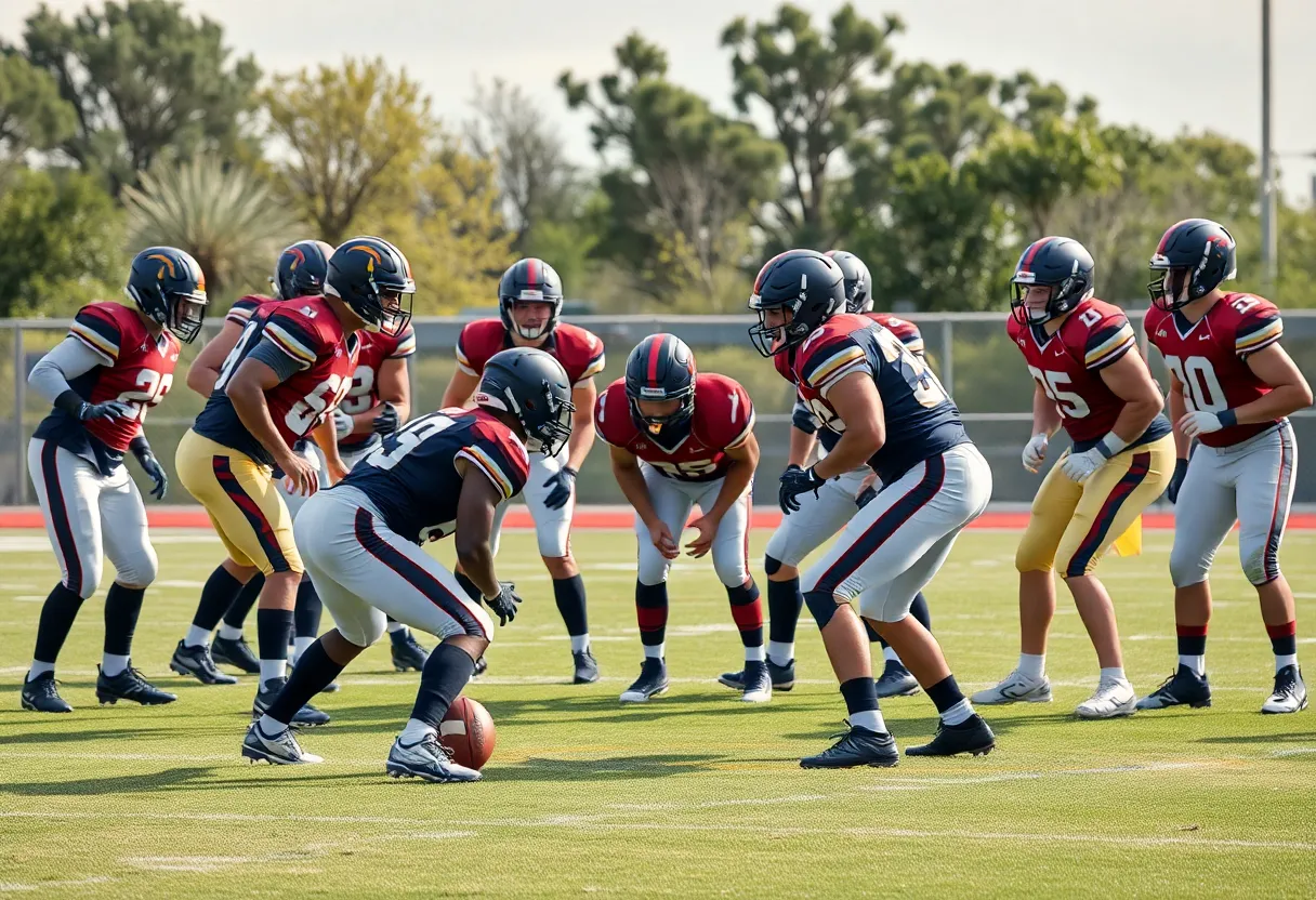 Football players practicing on a field, illustrating a center in action.