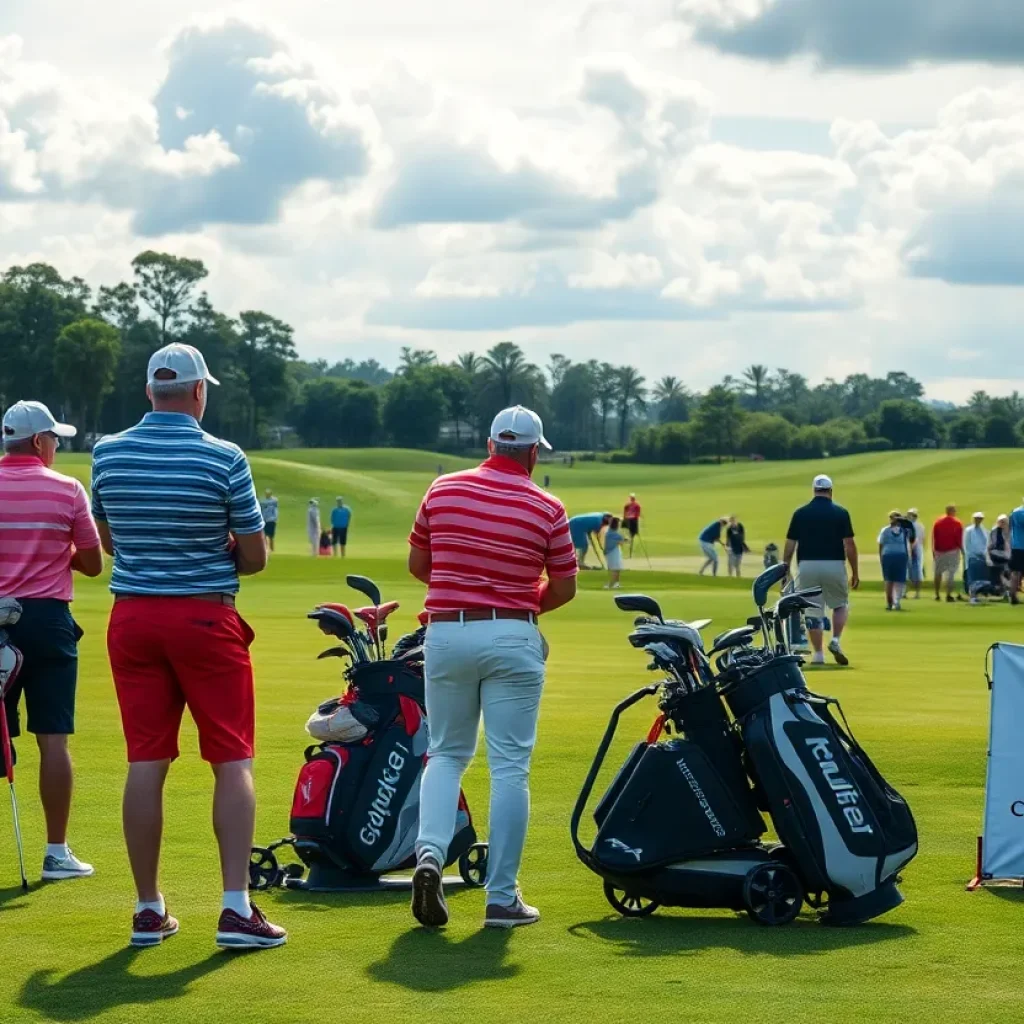 Golfers with various golf equipment on a lush golf course