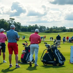 Golfers with various golf equipment on a lush golf course