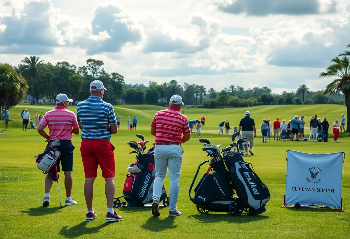 Golfers with various golf equipment on a lush golf course