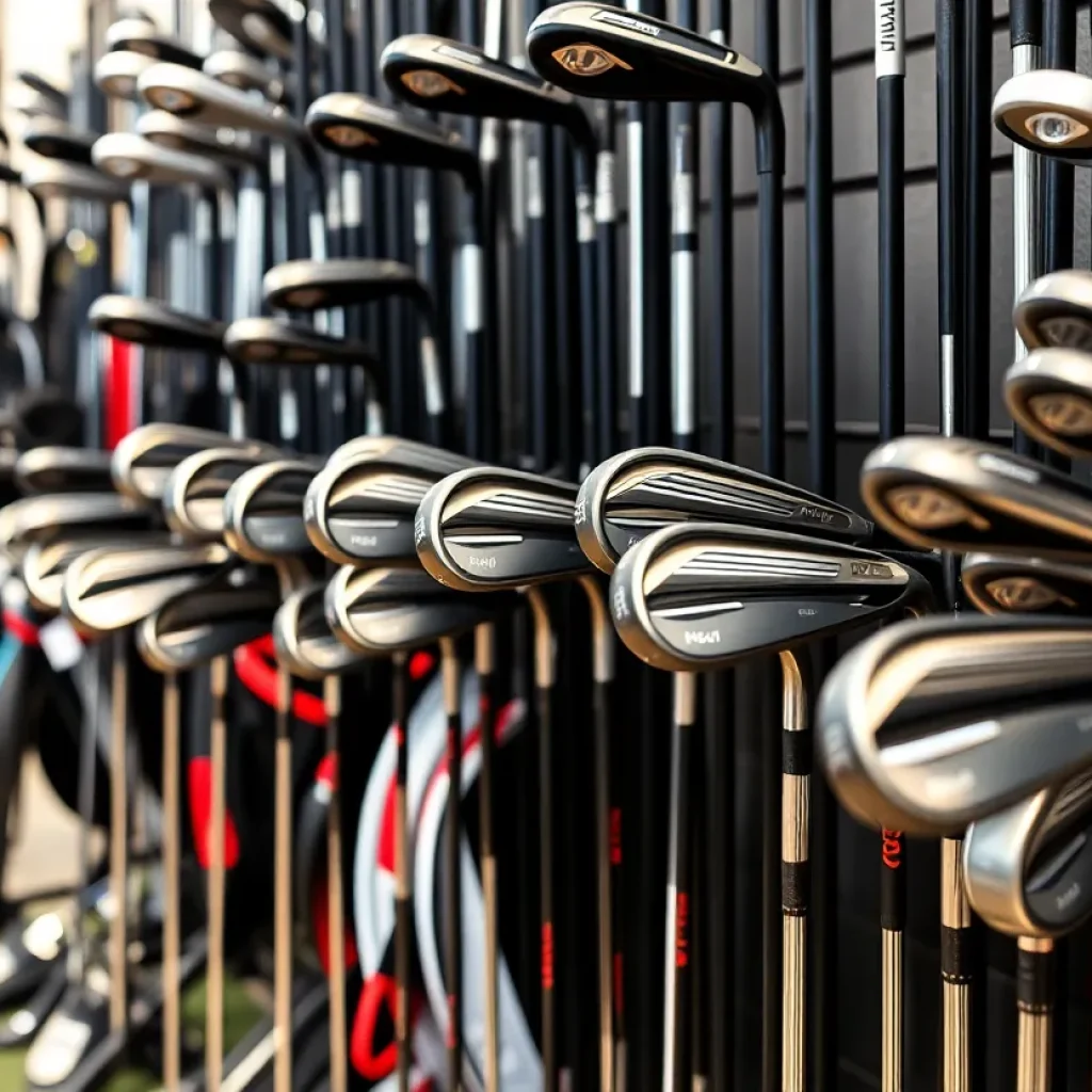 Various golf clubs and equipment on display in a retail store.