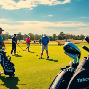 Golfers using different types of golf equipment on a lush green course