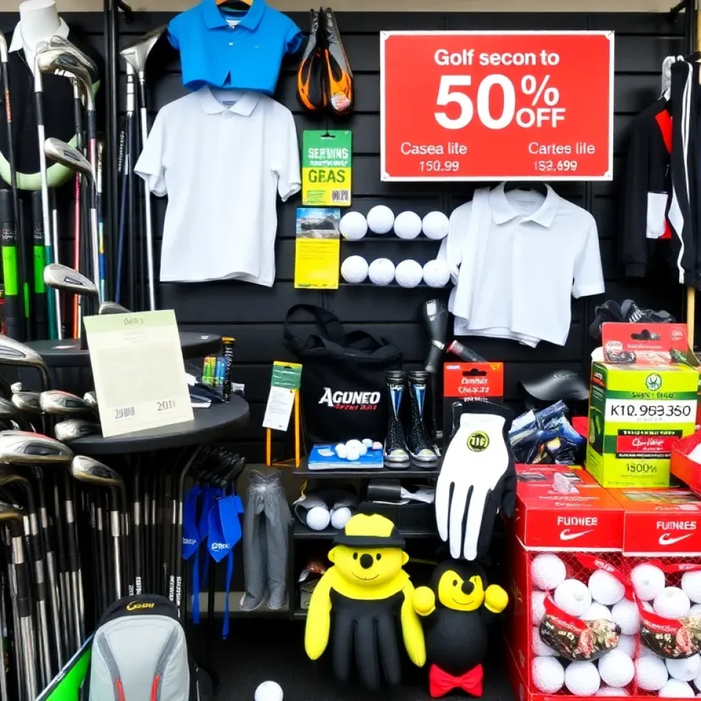 Display of discounted golf gear including clubs and apparel