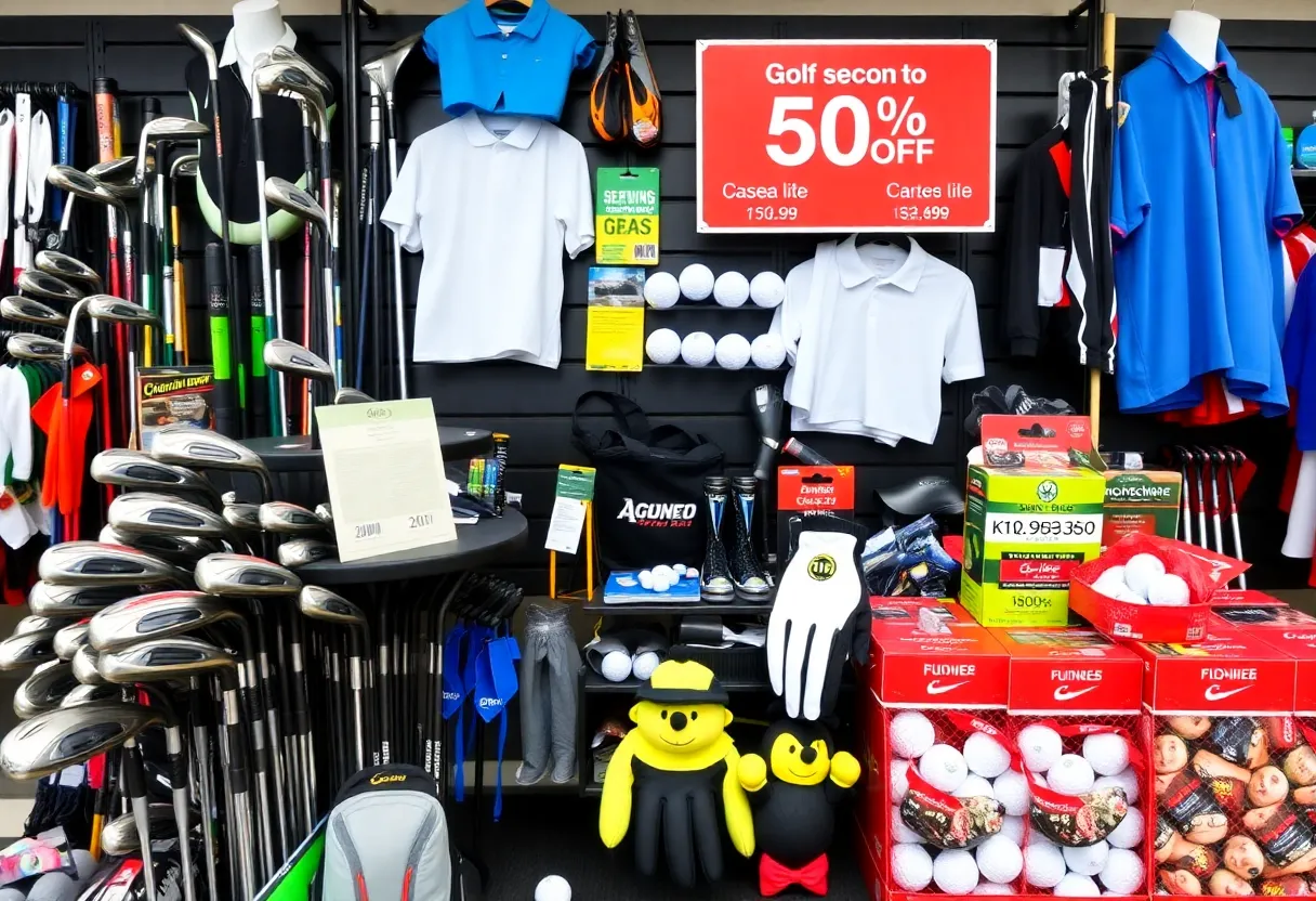 Display of discounted golf gear including clubs and apparel