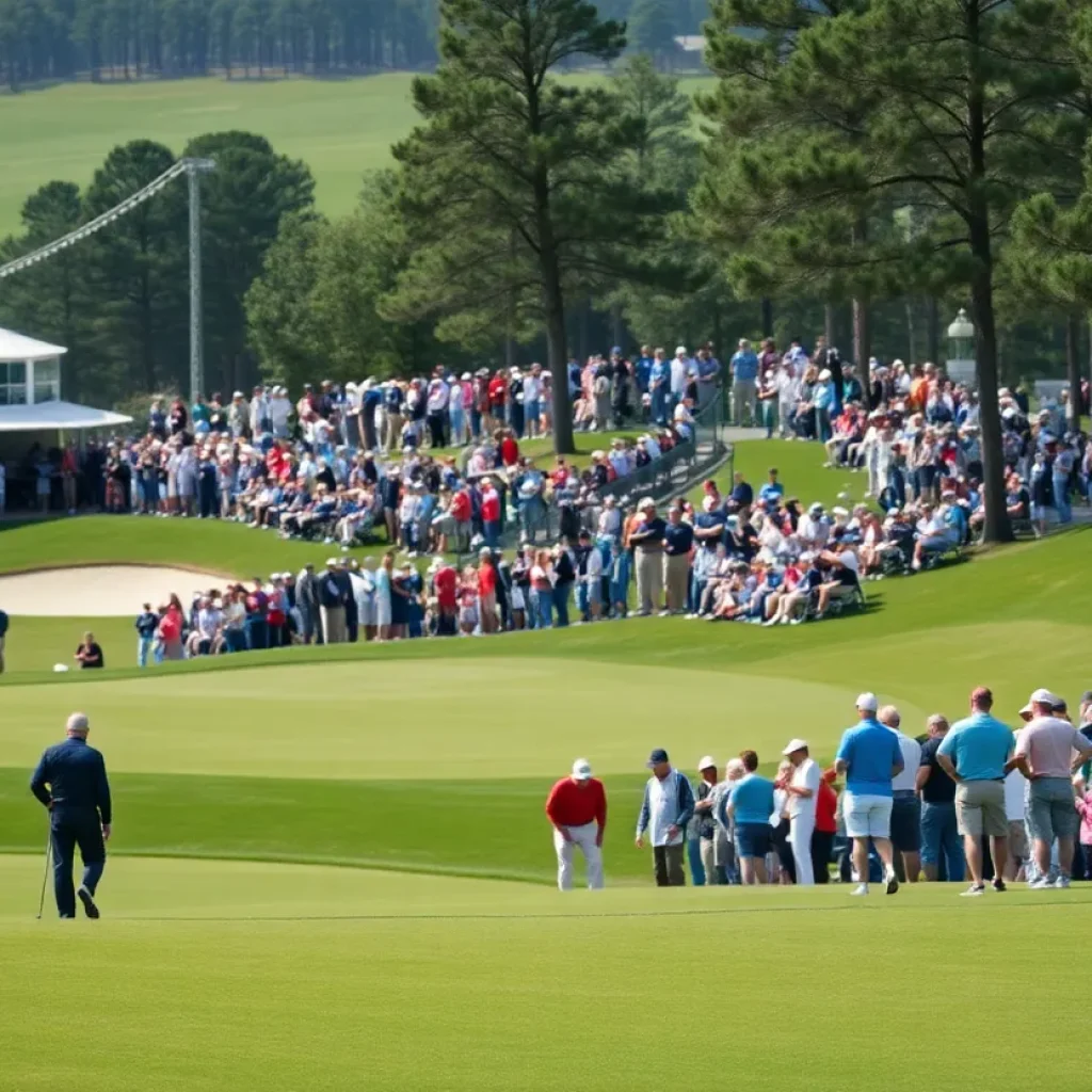 Crowds gather at Pelican Golf Club during a golf tournament.