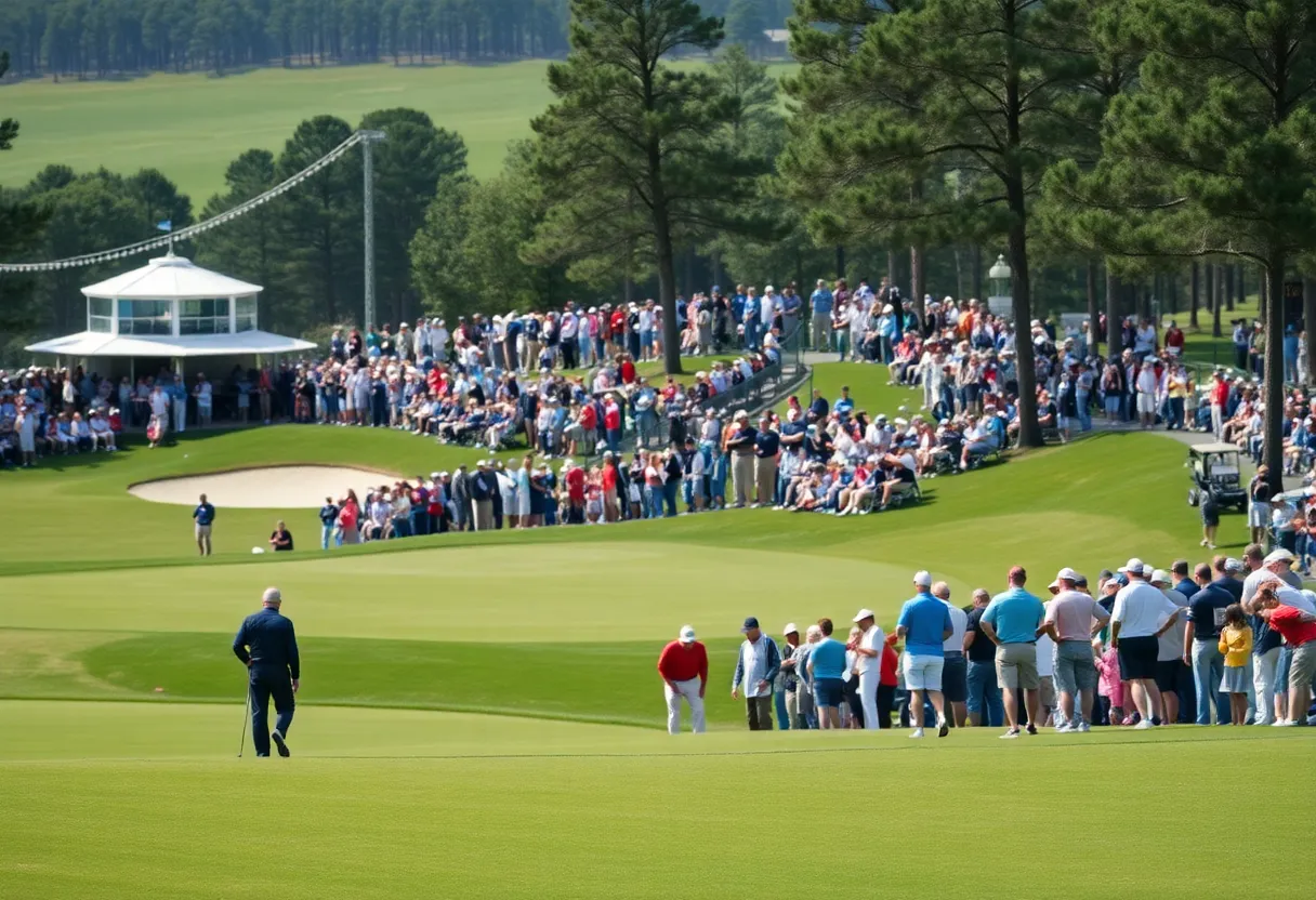 Crowds gather at Pelican Golf Club during a golf tournament.