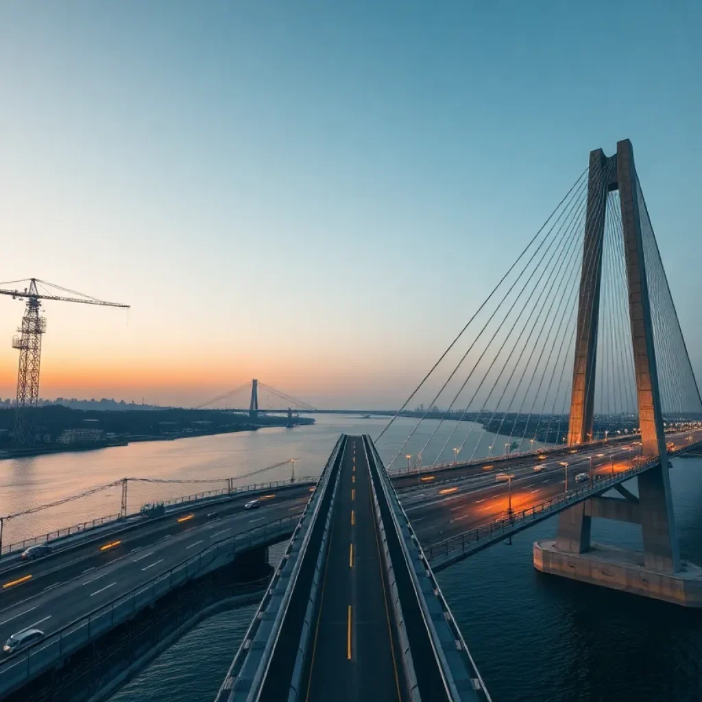Nearly finished cable-stayed bridge under construction with towers, cables and deck over a river at dusk