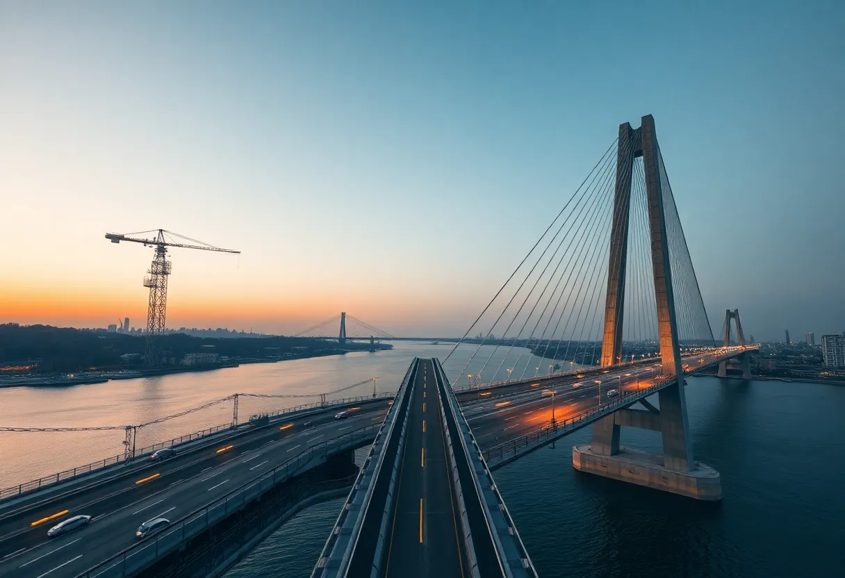 Nearly finished cable-stayed bridge under construction with towers, cables and deck over a river at dusk