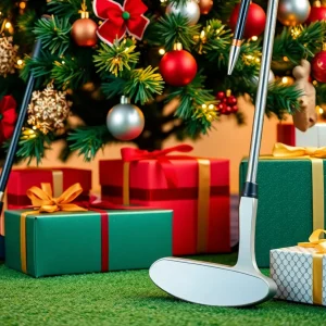 Festive golf equipment giveaway with a premium putter and gifts under a holiday tree.