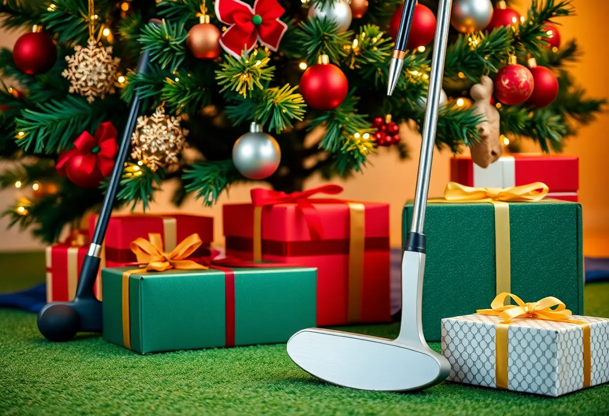 Festive golf equipment giveaway with a premium putter and gifts under a holiday tree.