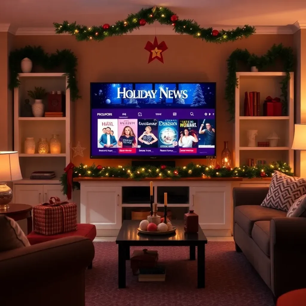 Cozy holiday living room with a TV displaying festive movies.
