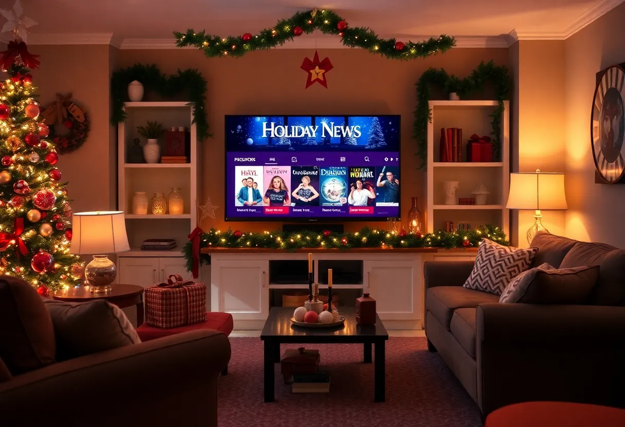 Cozy holiday living room with a TV displaying festive movies.