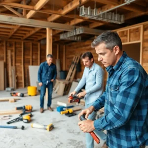 Construction site focused on home remodeling with workers.