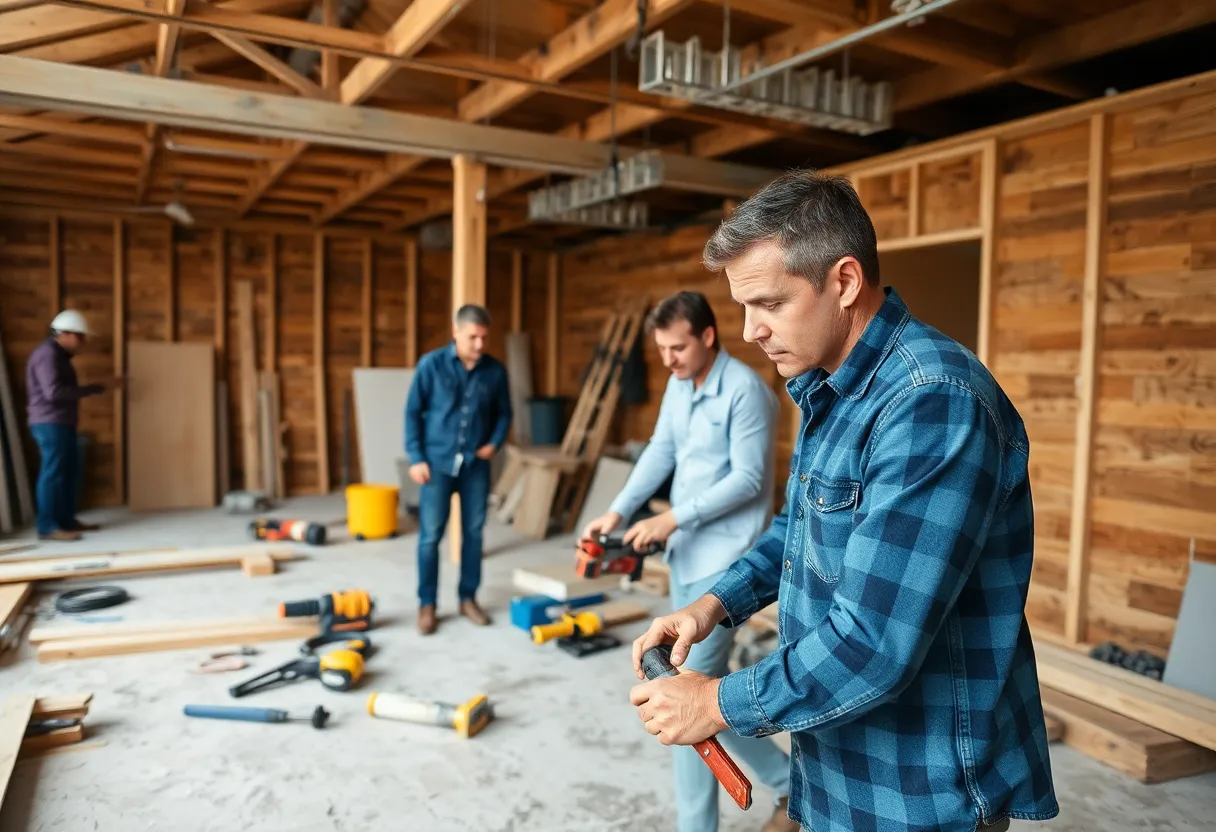 Construction site focused on home remodeling with workers.