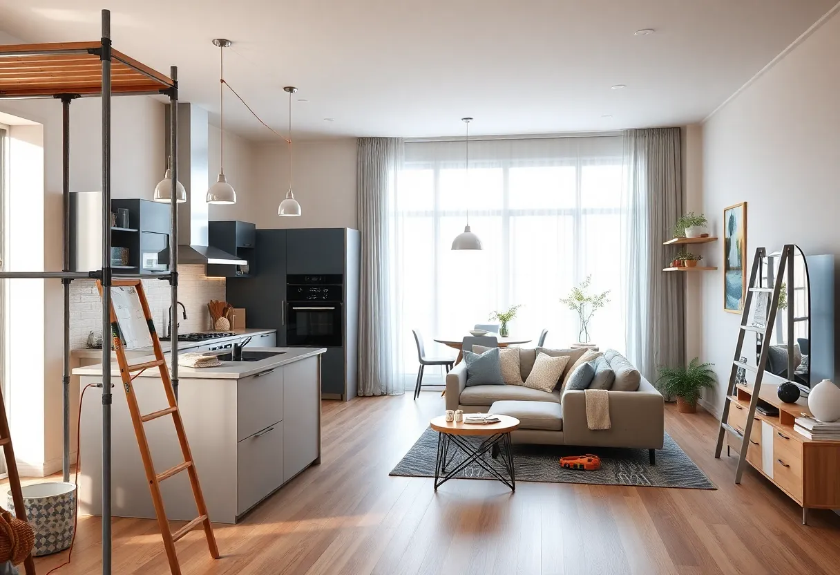 Rendered image of a modern home renovation showing kitchen and living area