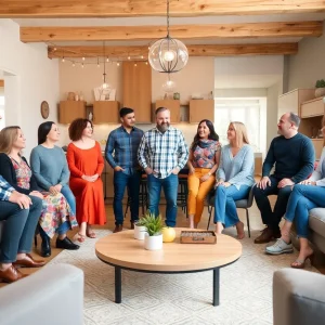 Diverse homeowners in a cozy living room discussing renovation plans