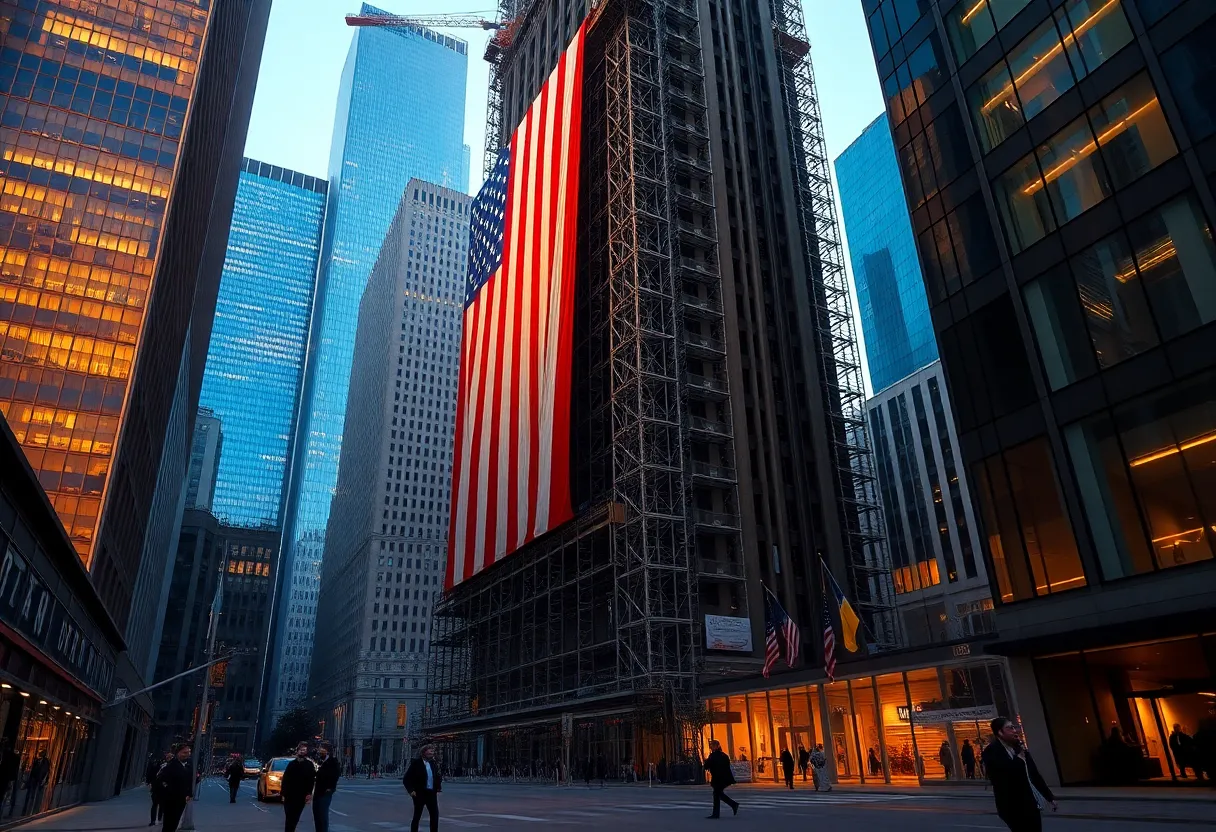 Giant American flag covering side of Hudson's building under construction in downtown Detroit