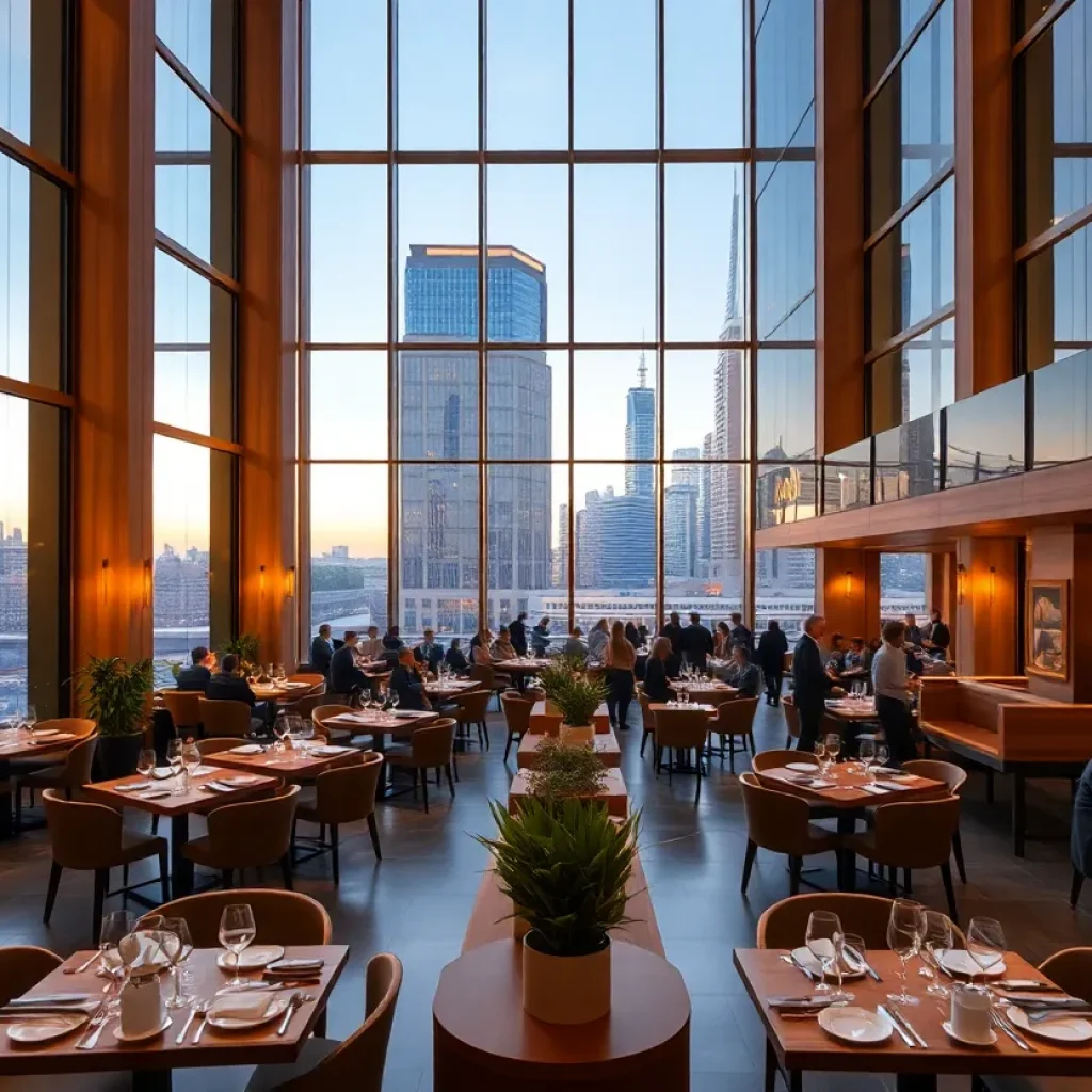 Upscale restaurant interior inside a skyscraper with Detroit skyline visible through large windows