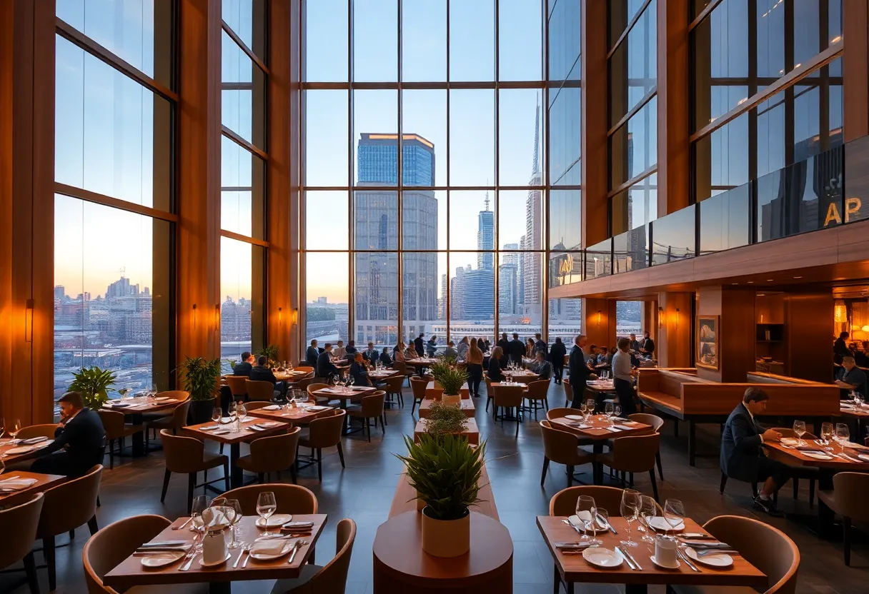 Upscale restaurant interior inside a skyscraper with Detroit skyline visible through large windows