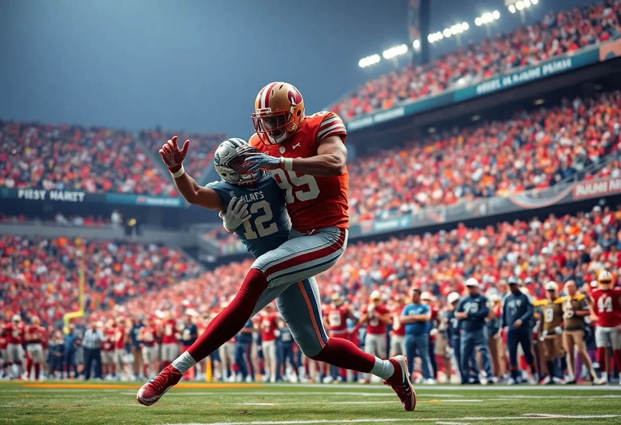 Aidan Hutchinson making a game-winning tackle during a football game.