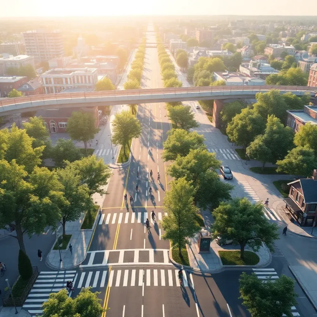 Concept rendering of proposed I-375 boulevard in Detroit with cycle track, wider sidewalks, and new street connections