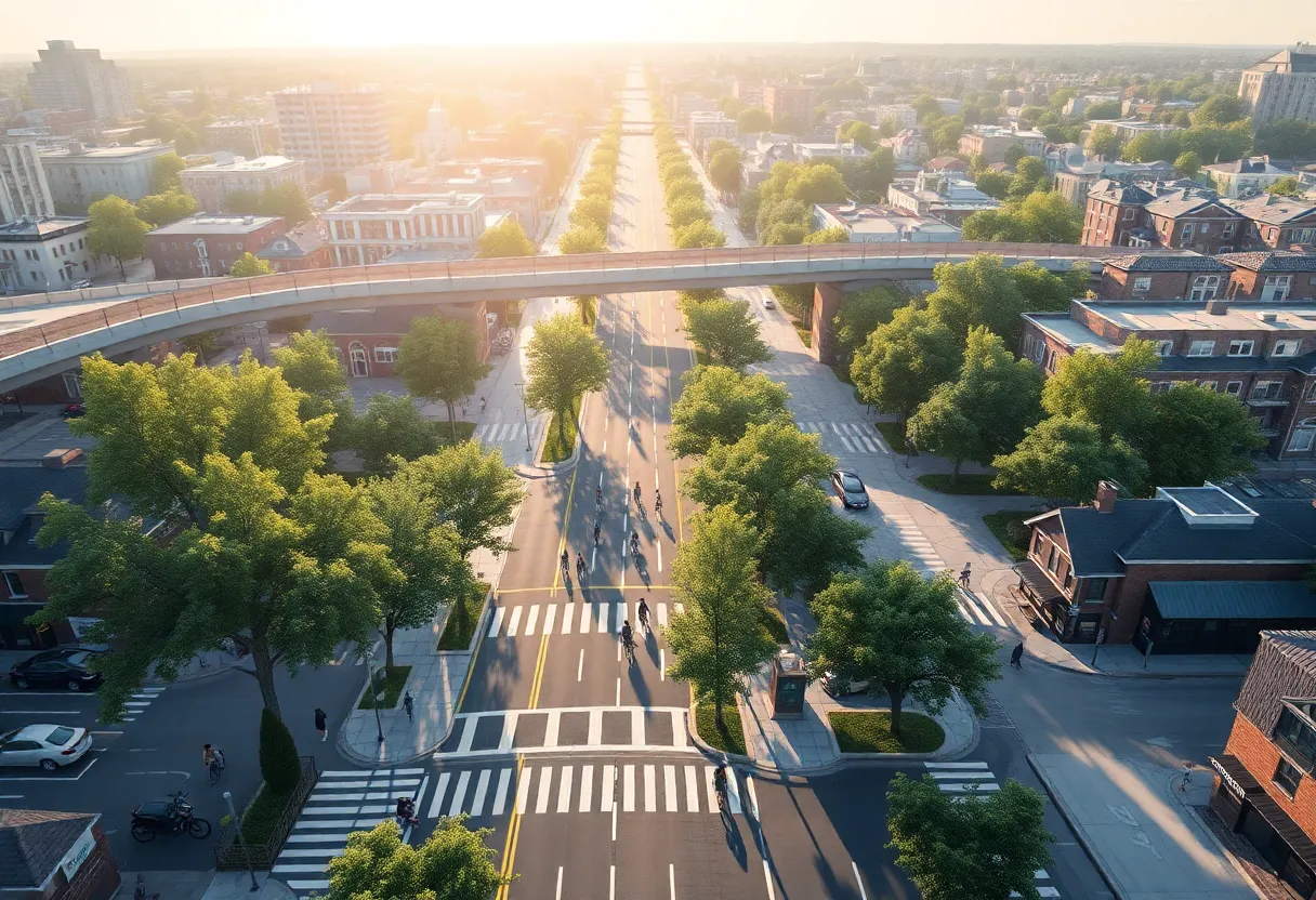 Concept rendering of proposed I-375 boulevard in Detroit with cycle track, wider sidewalks, and new street connections