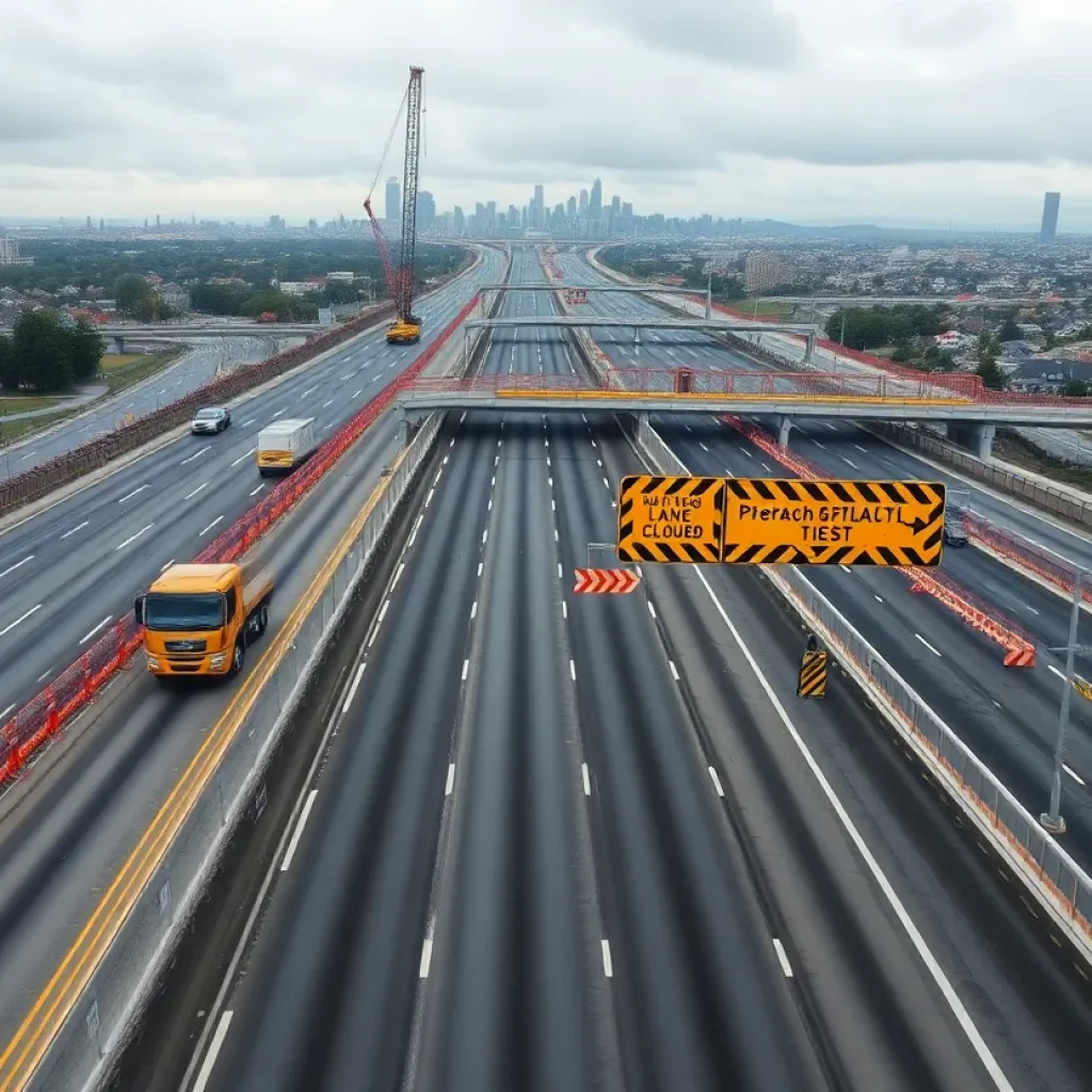 I-696 highway under reconstruction with cones, machinery, bridge repairs and detour signage