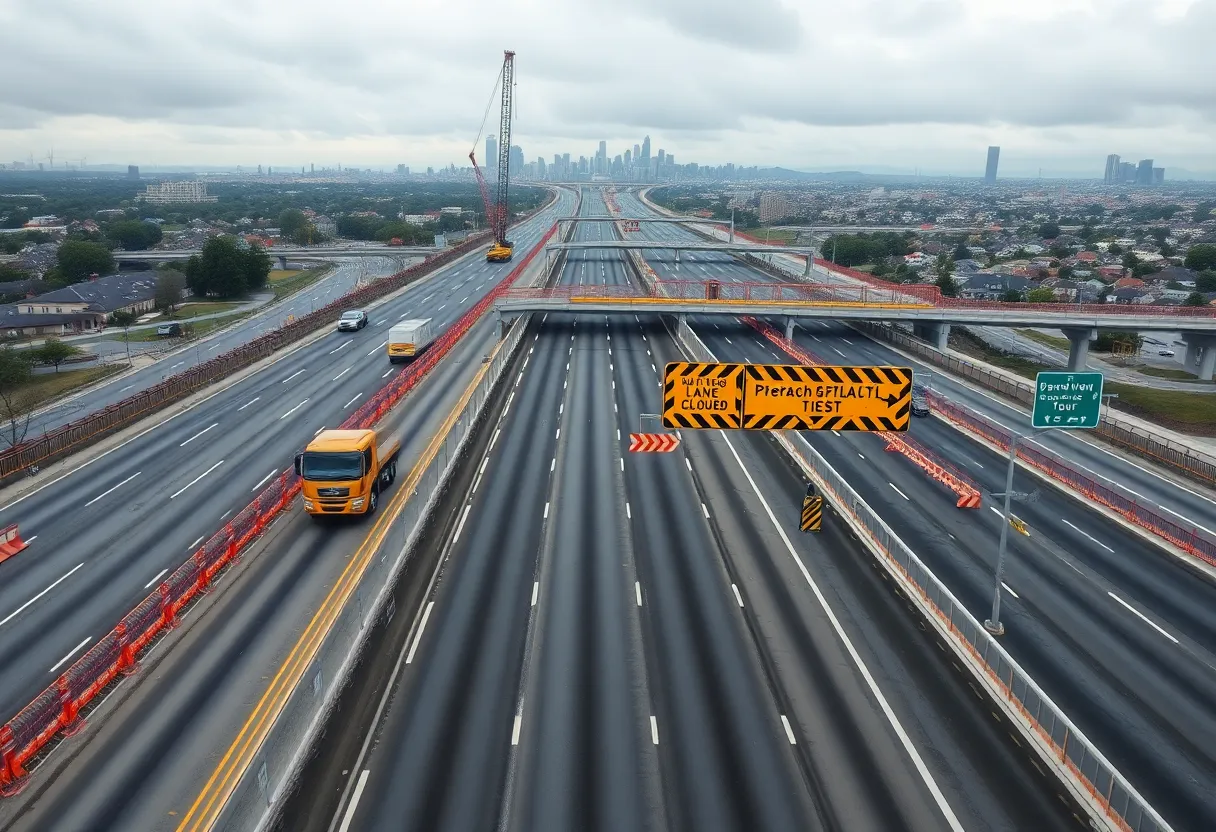 I-696 highway under reconstruction with cones, machinery, bridge repairs and detour signage