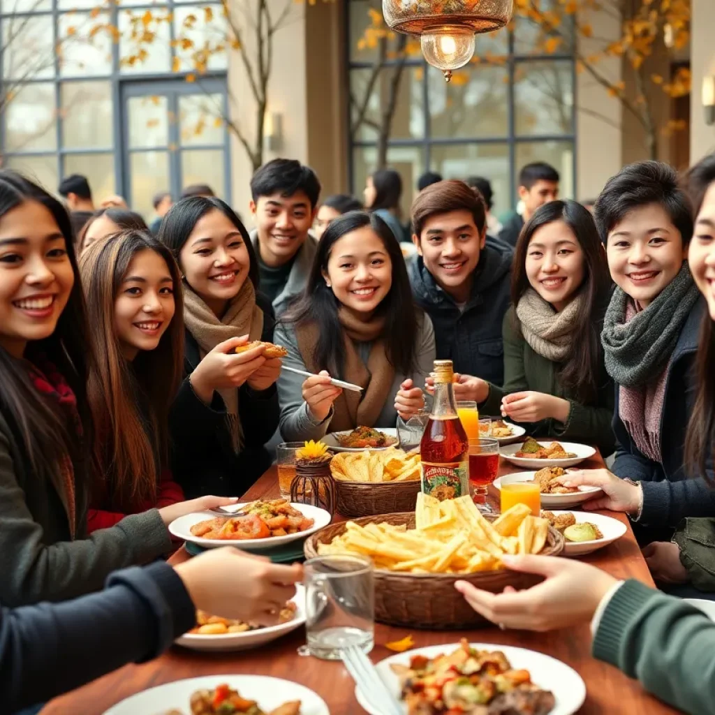 International students celebrating Thanksgiving on campus.