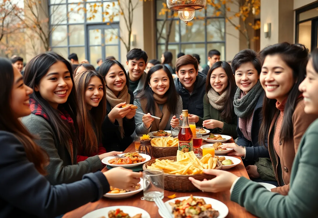 International students celebrating Thanksgiving on campus.