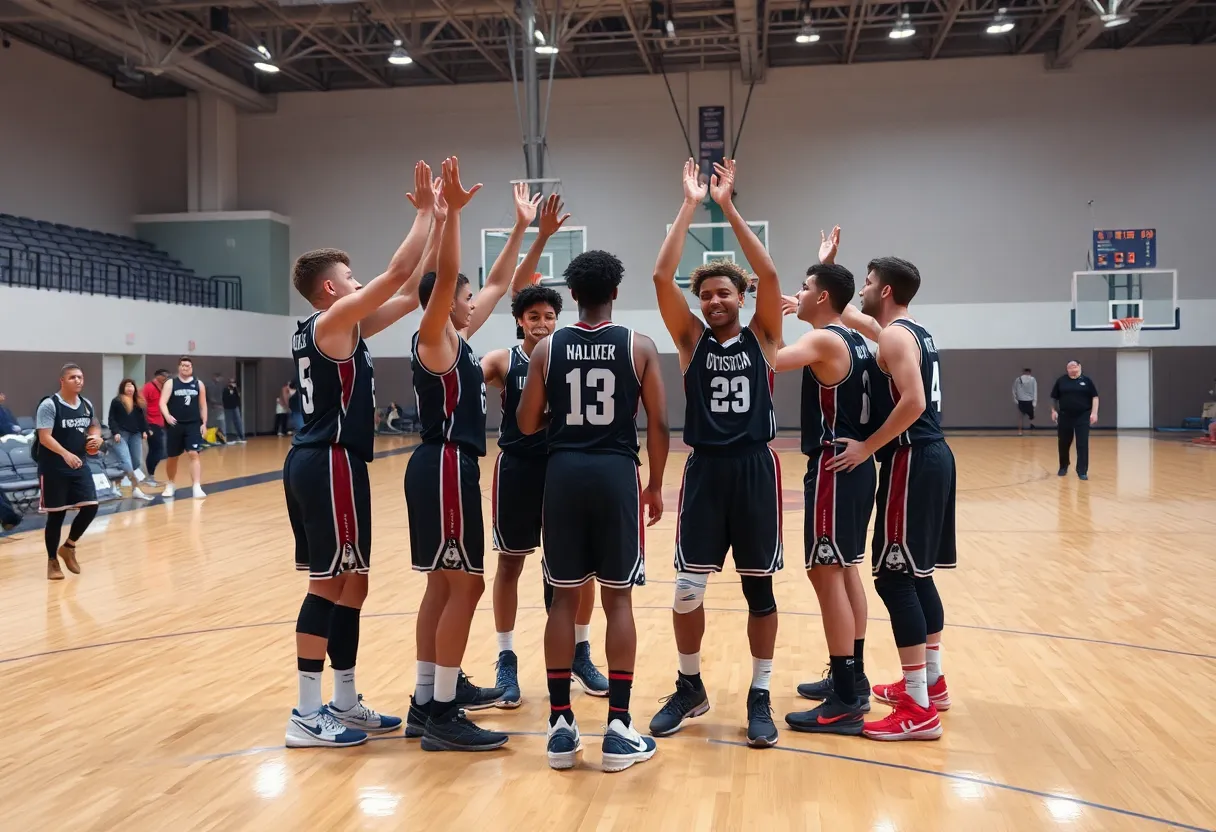 Basketball team celebrating a player's return after injury