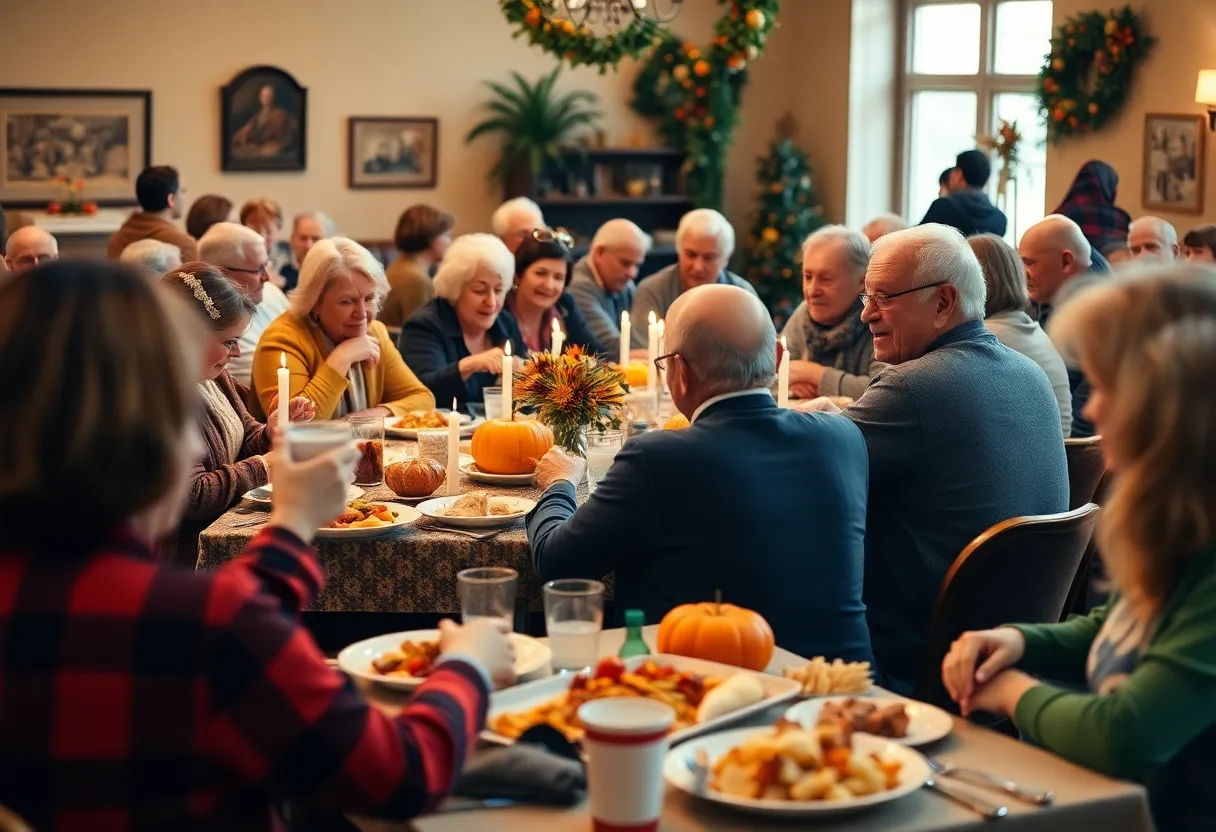 Families enjoying a Thanksgiving dinner