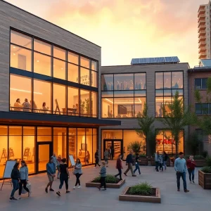 Three-story modern community building with gold kintsugi-inspired accents and large windows in Corktown, Detroit