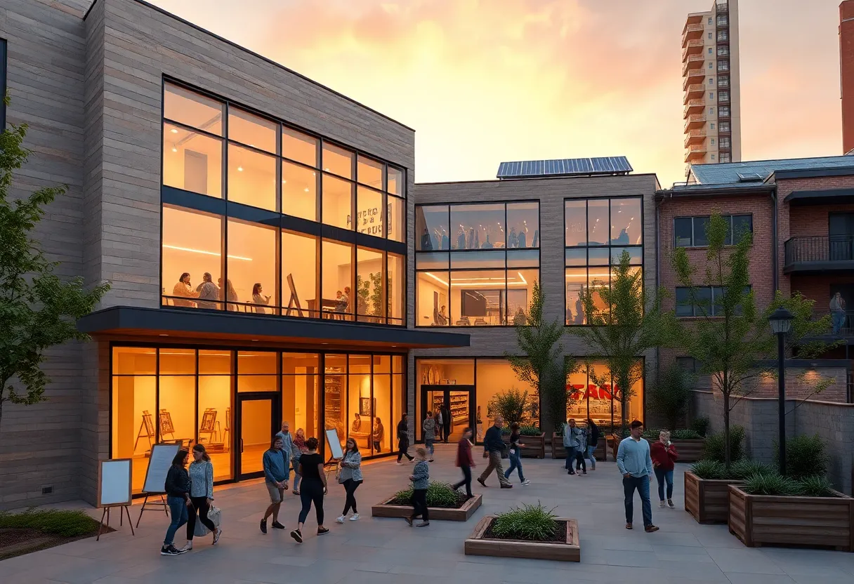 Three-story modern community building with gold kintsugi-inspired accents and large windows in Corktown, Detroit